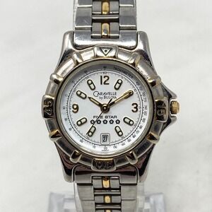 Vtg Caravelle by Bulova Diver Watch Women 28mm Silver Gold Tone Date New Battery